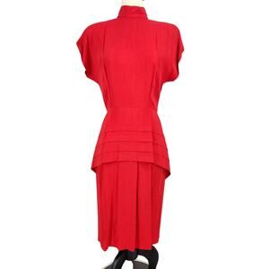 Vintage 80s Does 40s Pleated Peplum Strong Shoulder Dress Acetate Red Size 8